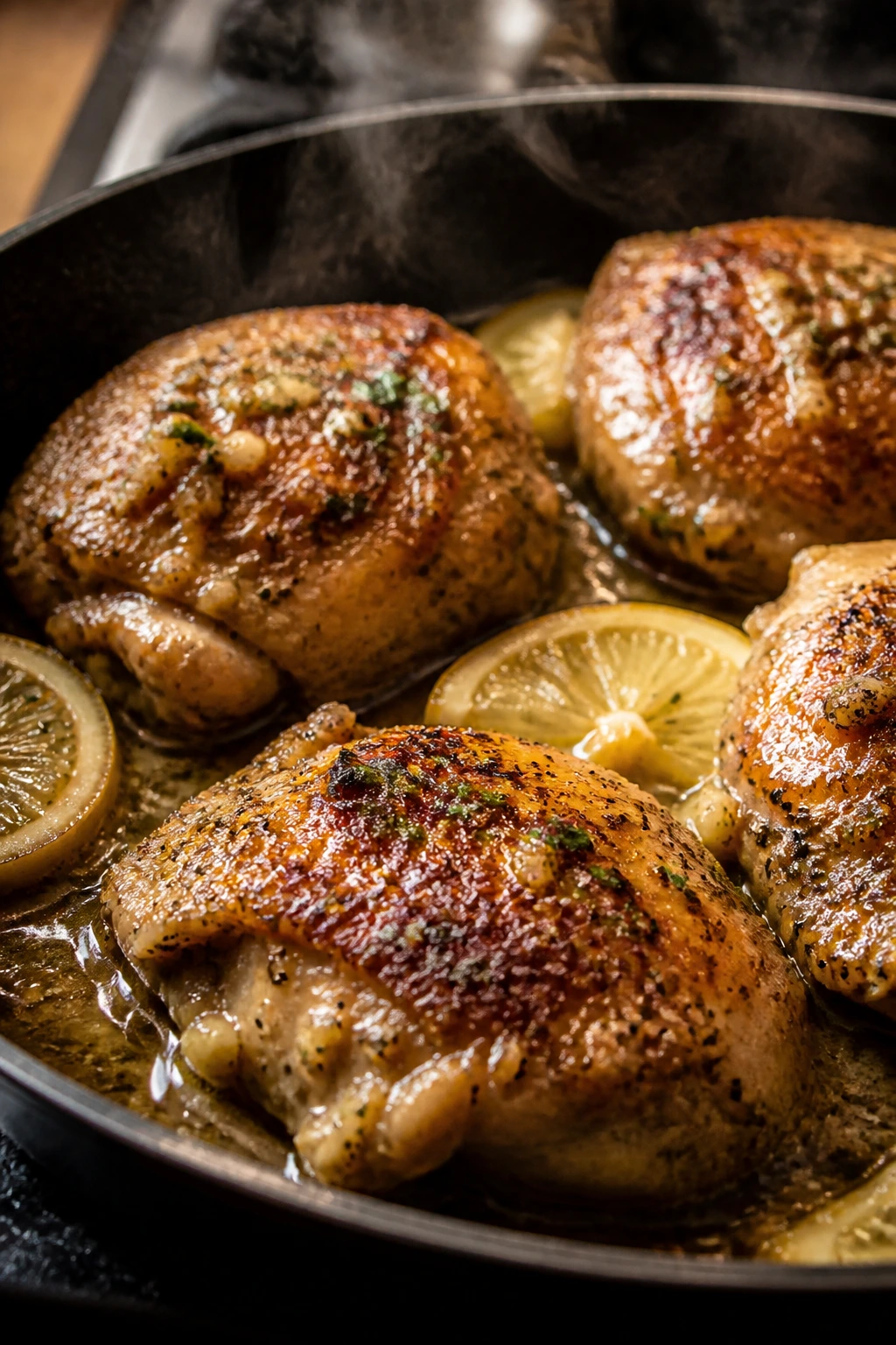 Close-up of tender lemon garlic chicken thighs in a skillet with glossy sauce