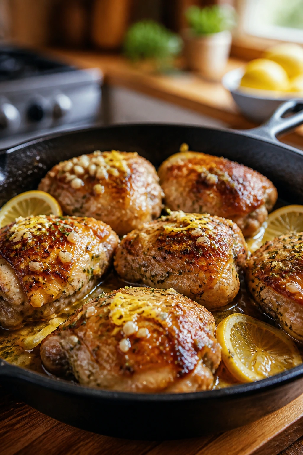 Close-up of bronzed lemon-garlic chicken thighs in a skillet with glossy sauce in a warm kitchen