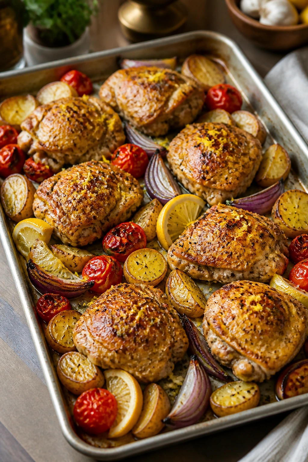 Sheet pan with lemon-garlic chicken and roasted vegetables in a home kitchen