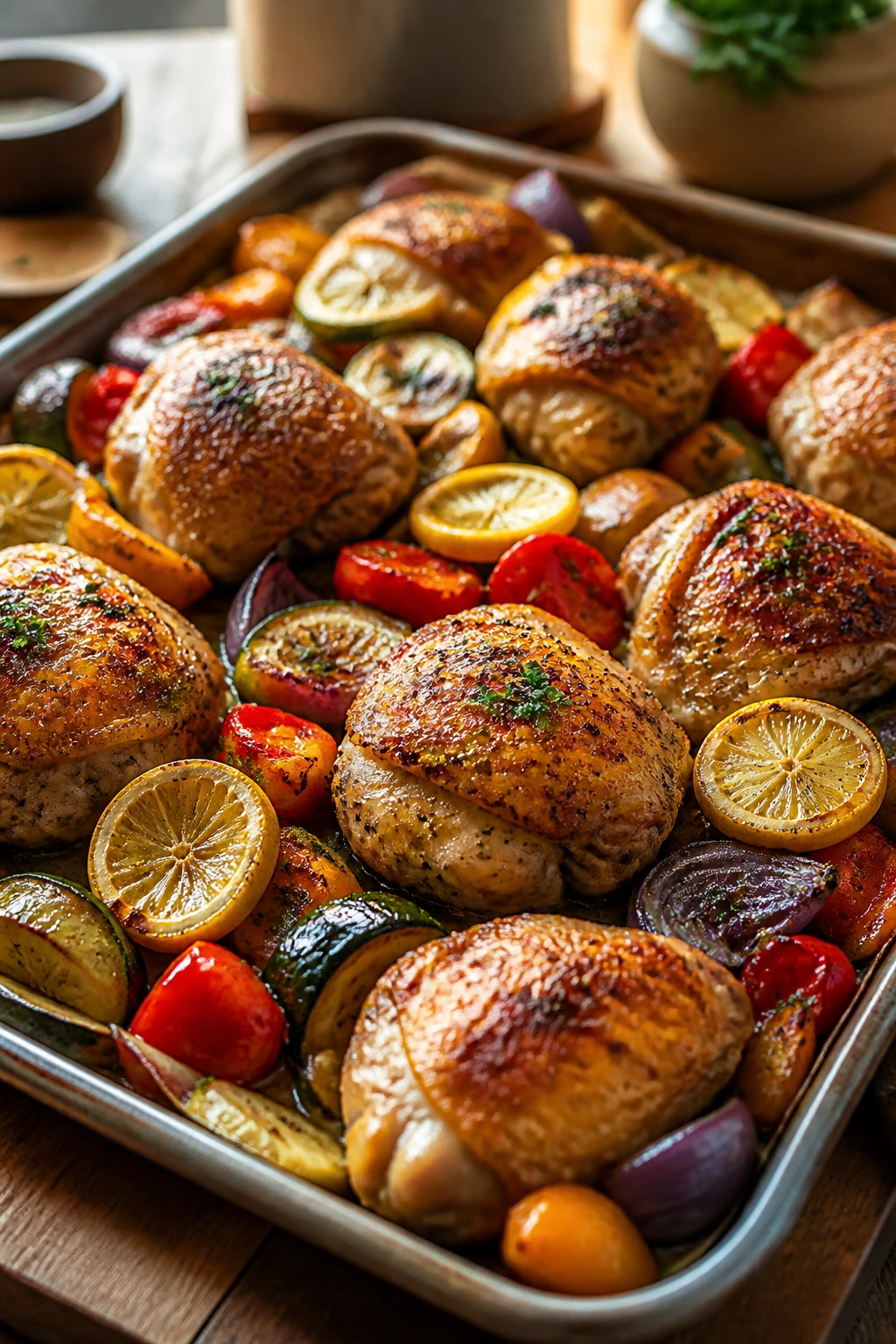 Close-up of lemon-garlic chicken tray bake on a sheet pan with vegetables in a cozy kitchen