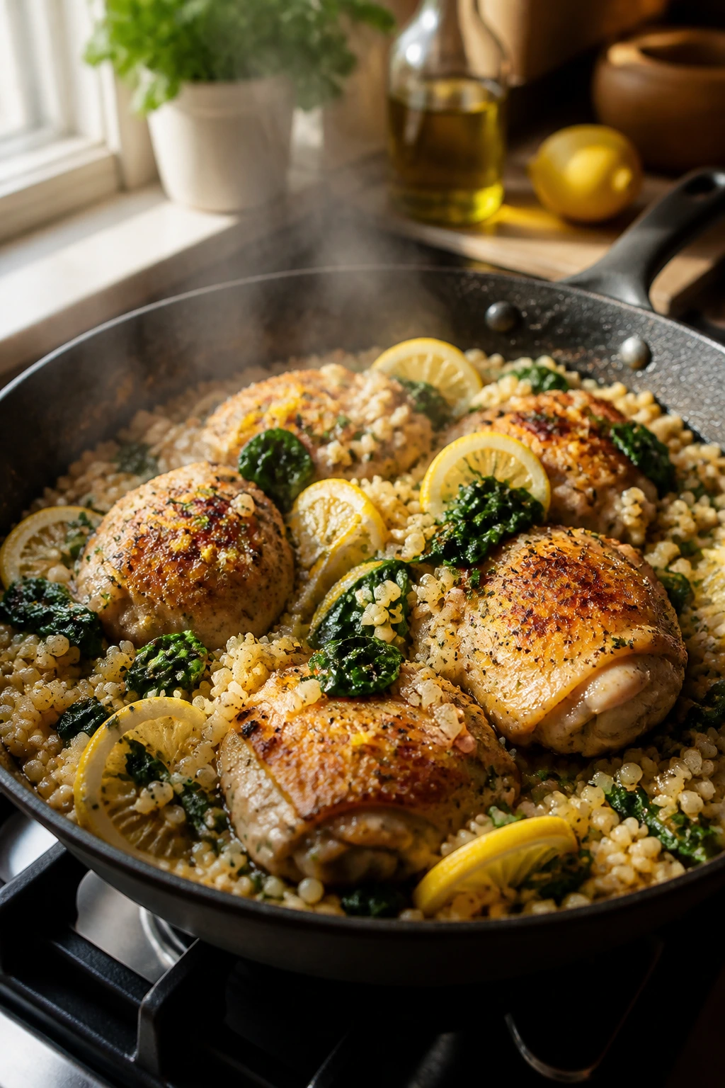 Medium close-up of lemon-garlic chicken couscous skillet in a bright kitchen
