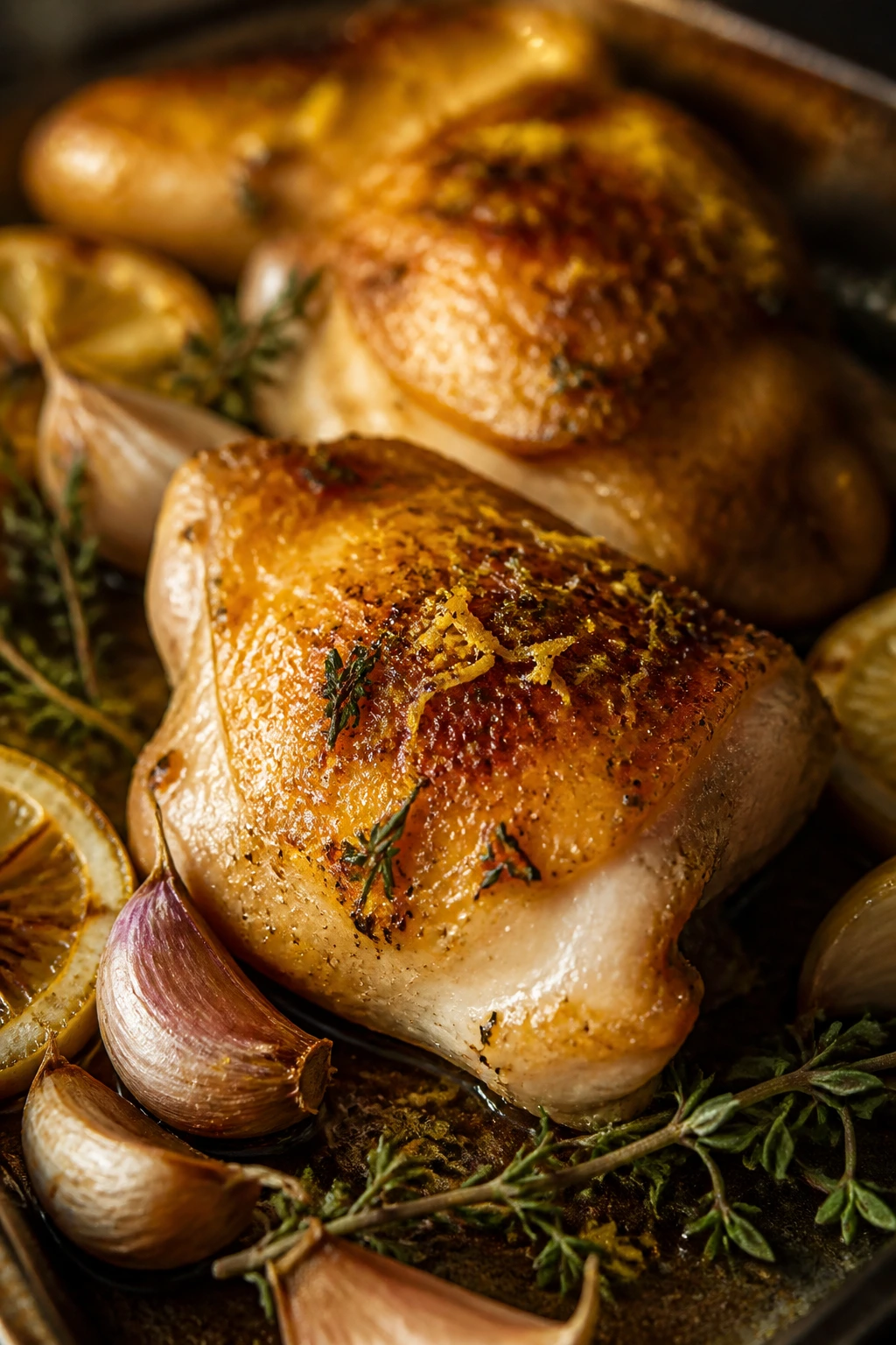 Close-up of lemon-zested roasted chicken thigh with garlic and thyme
