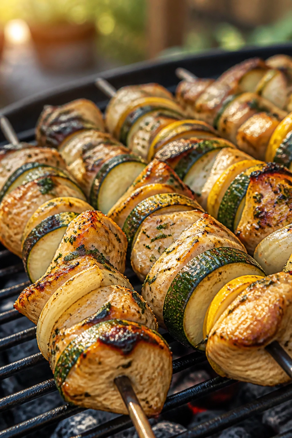Close-up of lemon-garlic chicken and zucchini kebabs with grill char