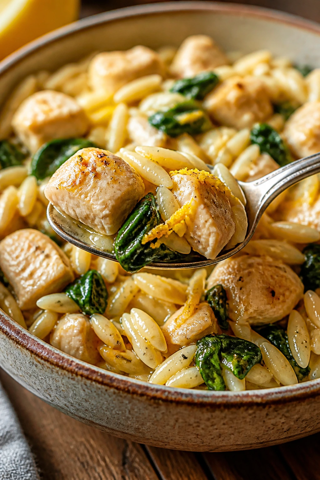 Close-up of lemon garlic chicken orzo in a ceramic bowl with spinach and lemon zest.