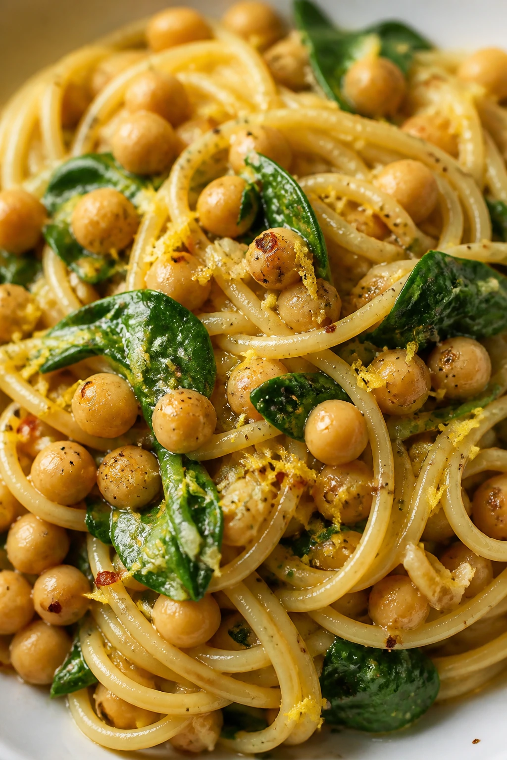 Plate of Lemon Garlic Chickpea Pasta with spinach and lemon zest