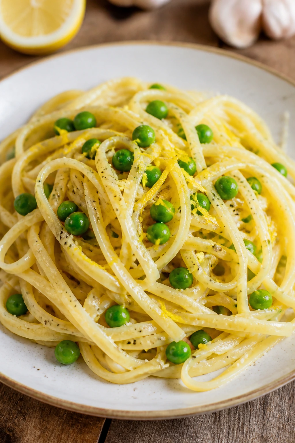 Close-up of Lemon Garlic Pasta with Peas on a plate