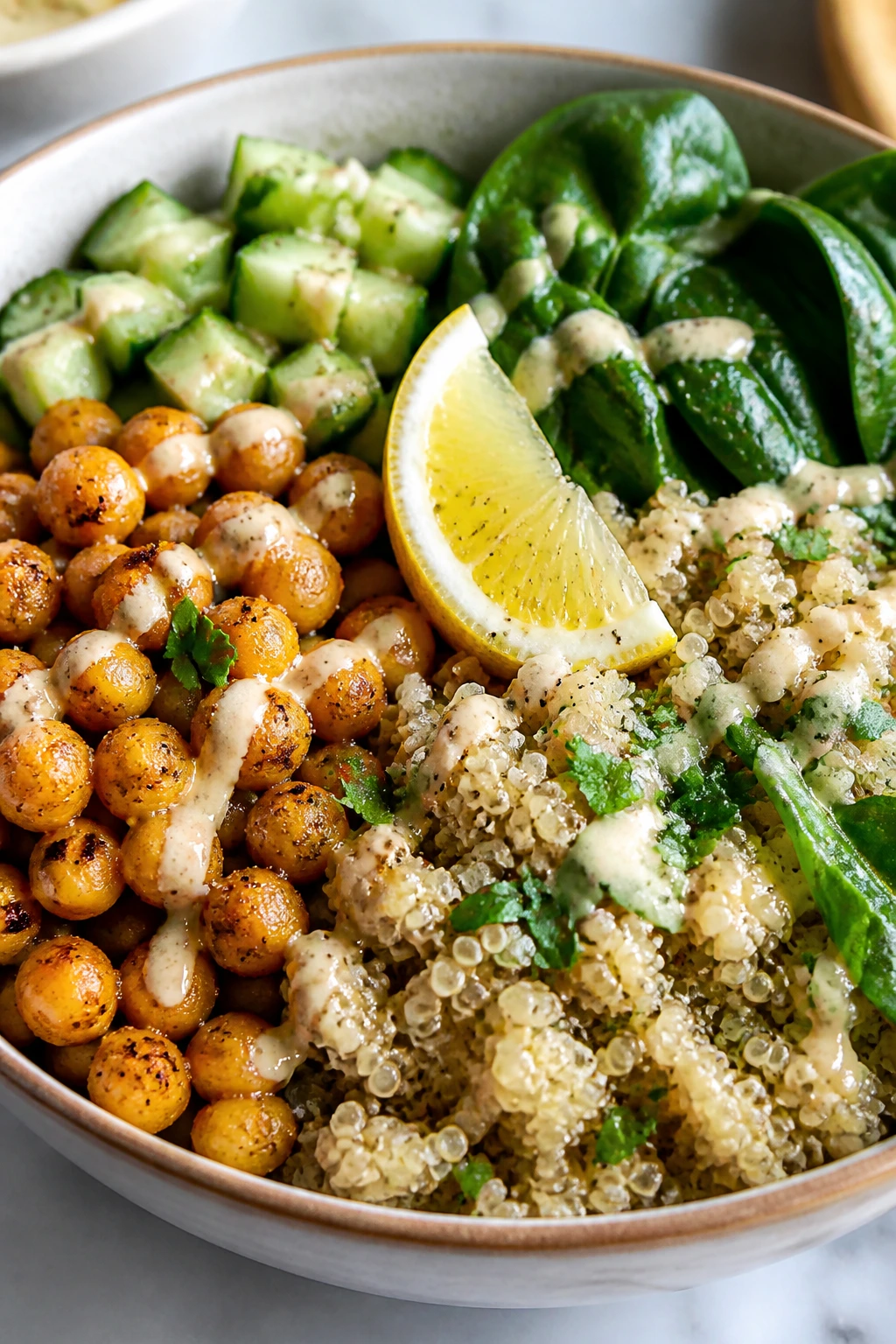 Close-up of lemon-garlic chickpea quinoa bowl in bright kitchen light