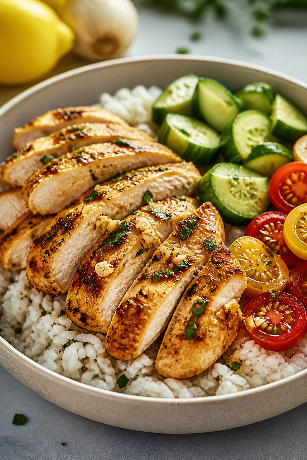 Close-up of lemon-garlic chicken tender rice bowl