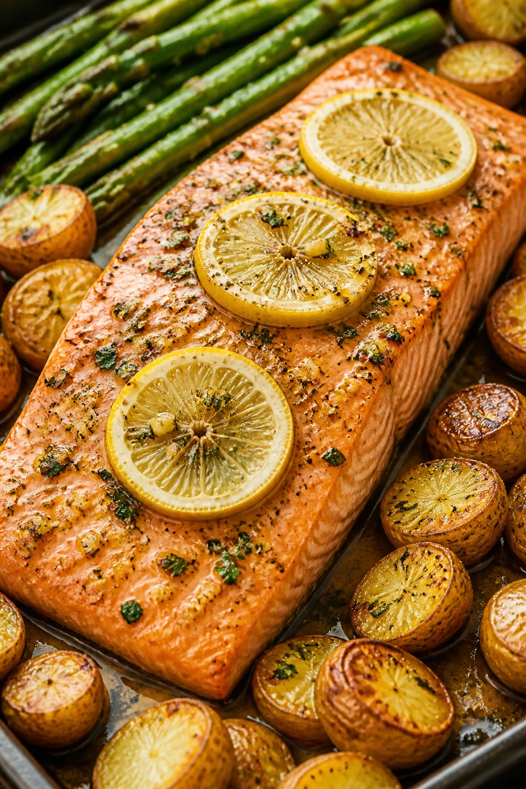 Salmon fillet with lemon garlic butter, potatoes and asparagus