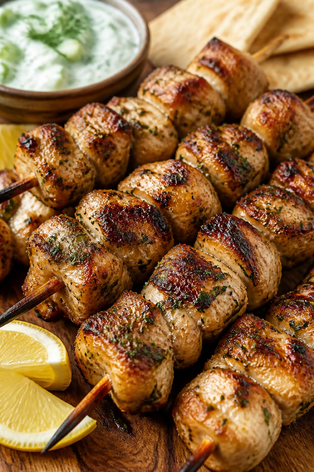 Lemon-garlic chicken skewers with tzatziki on a wooden board
