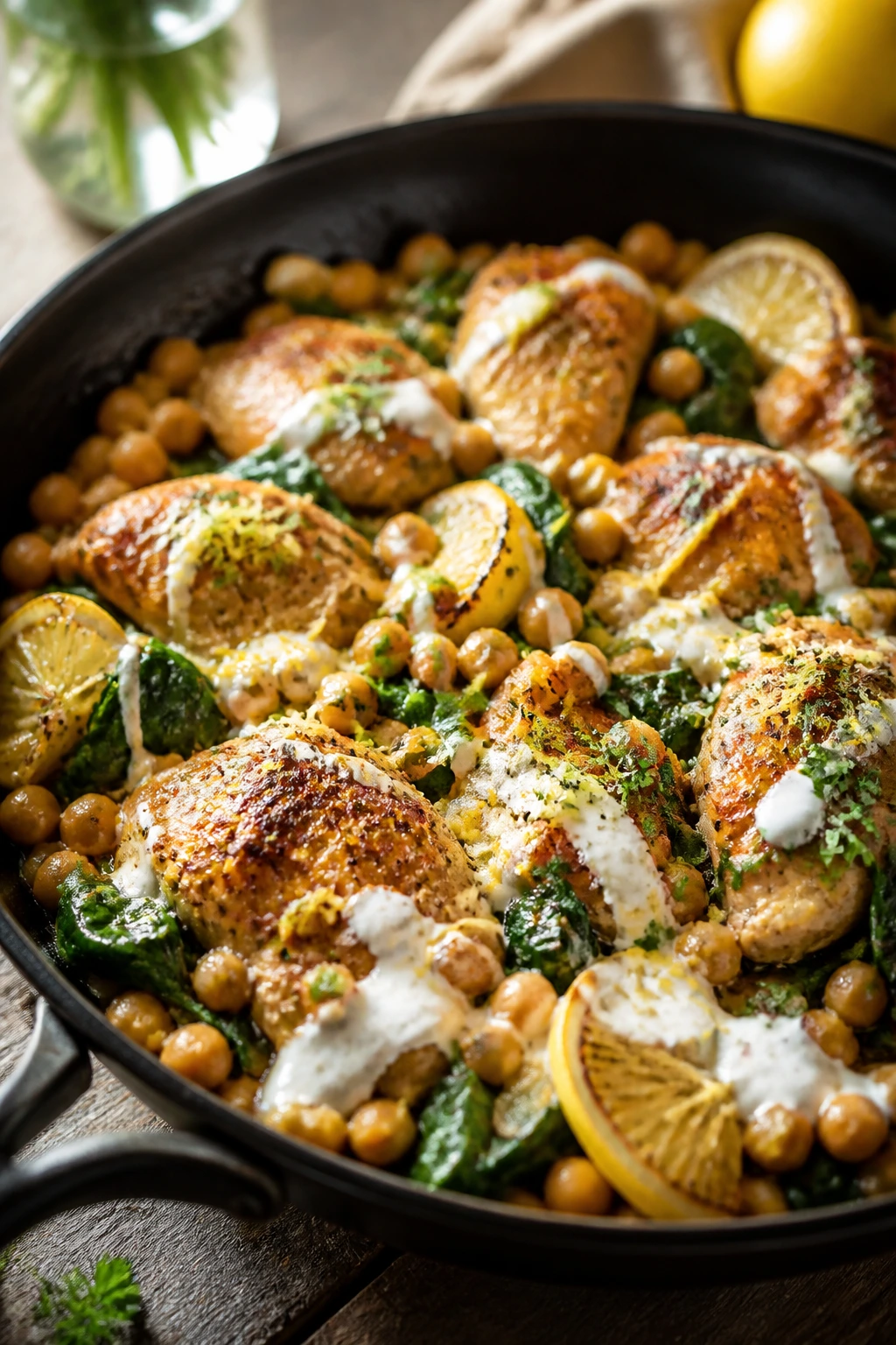 Close-up of Lemon-Garlic Chicken, Chickpea, and Spinach Skillet with spinach and lemon zest