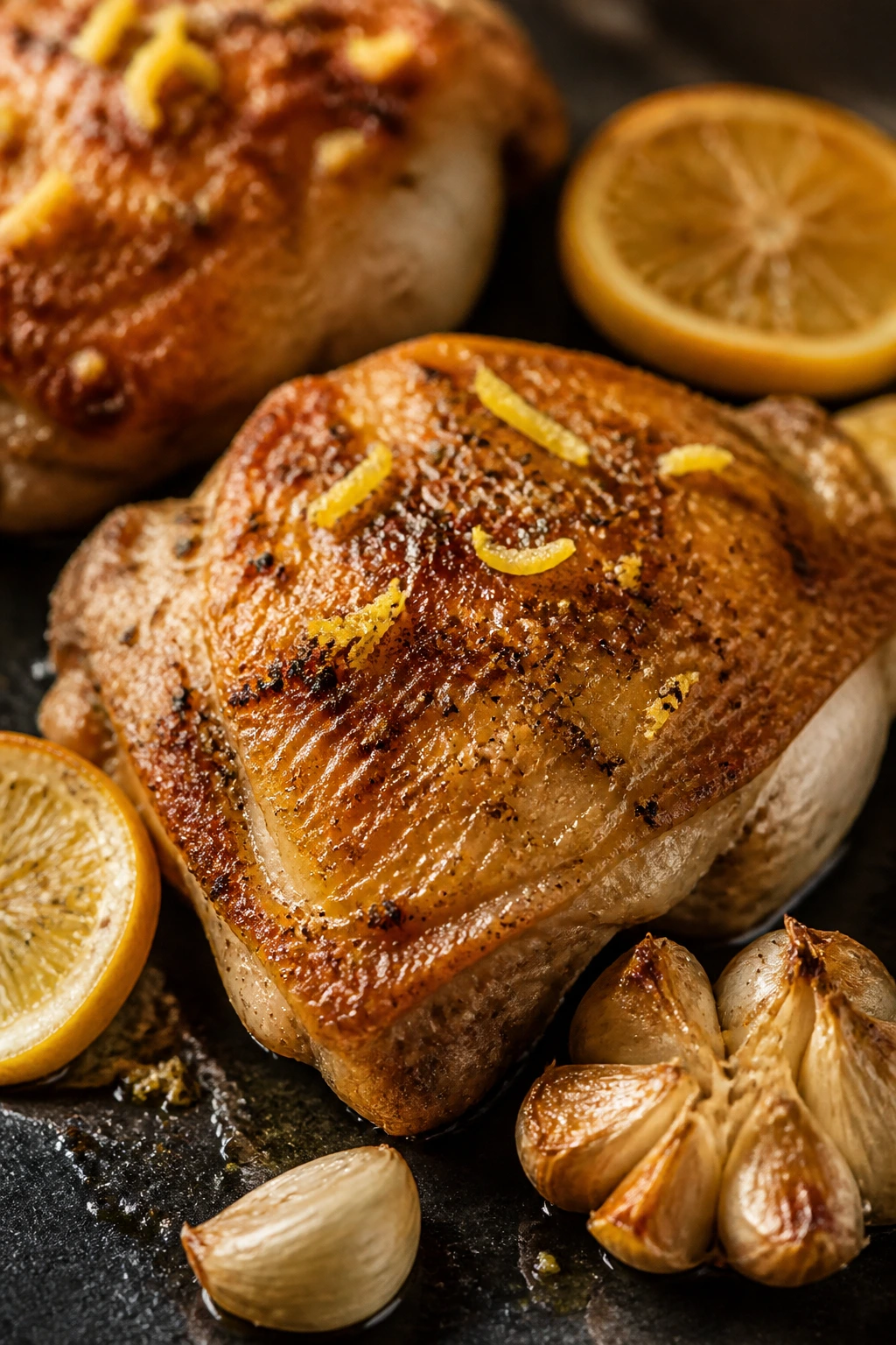 Close-up of crisp chicken skin with lemon zest and garlic on a dark surface
