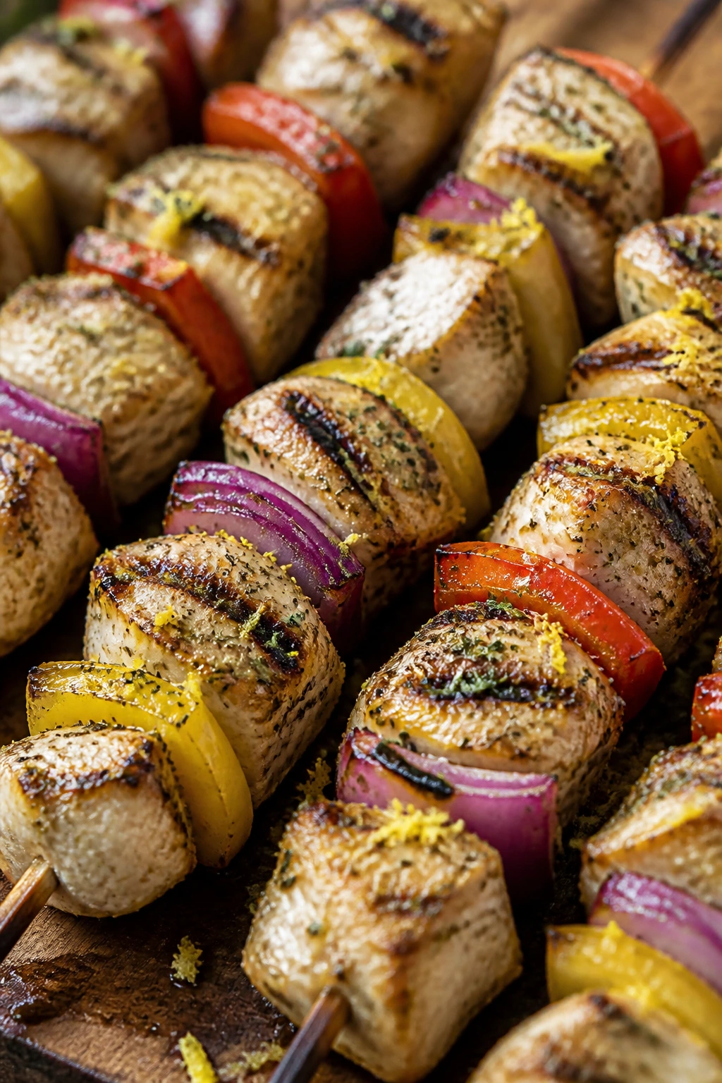 Close-up of lemon-garlic chicken souvlaki skewers on a rustic board outdoors