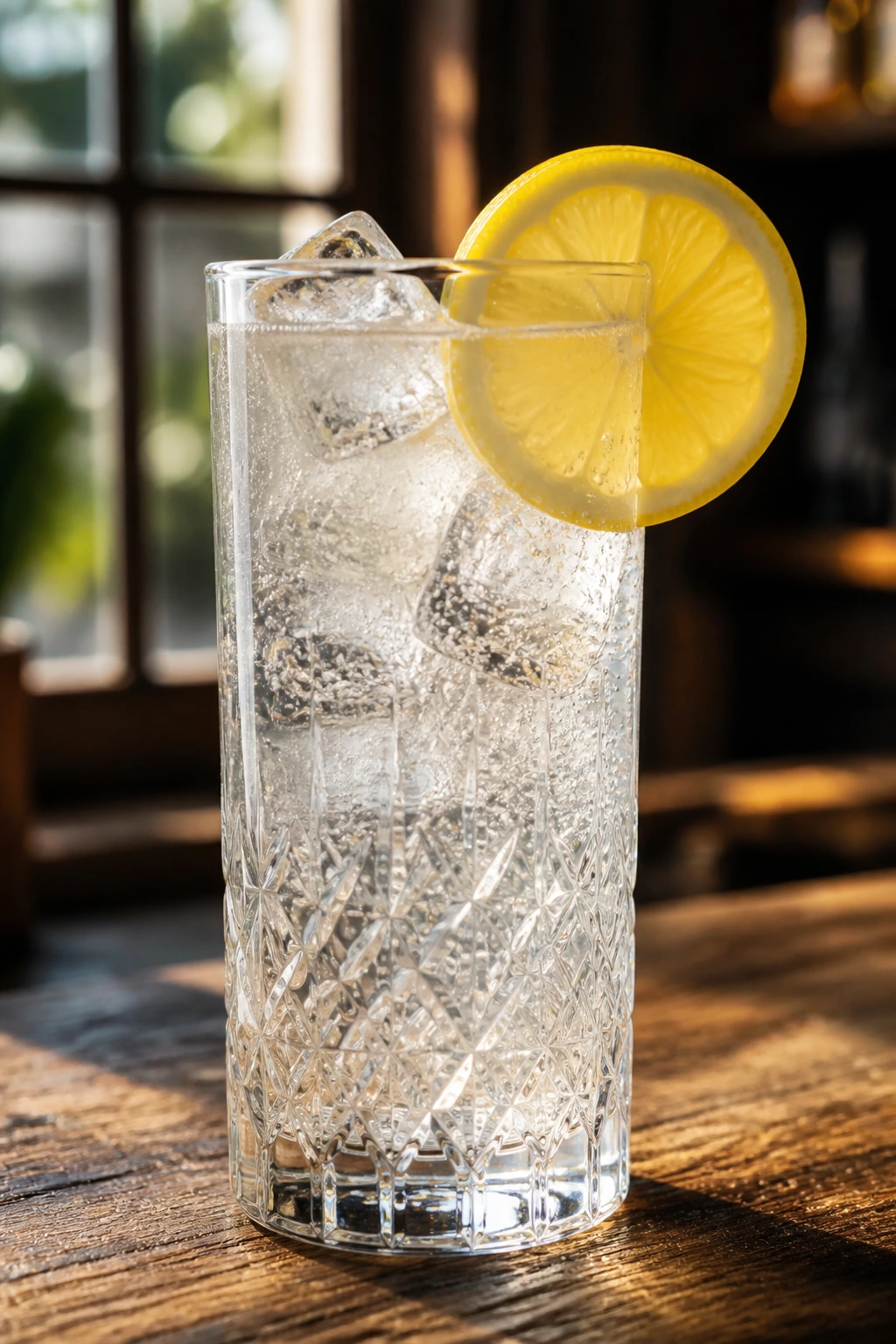 Close-up of a Lemon Gin Tonic in a highball glass with ice and a lemon wheel.