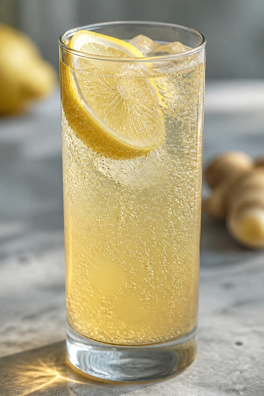 Lemon ginger beer fizz in a highball glass with lemon wedge