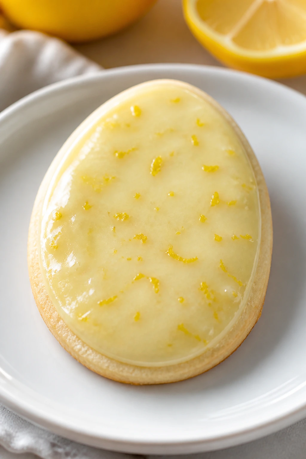 Lemon zest glazed Easter egg cookie with visible zest