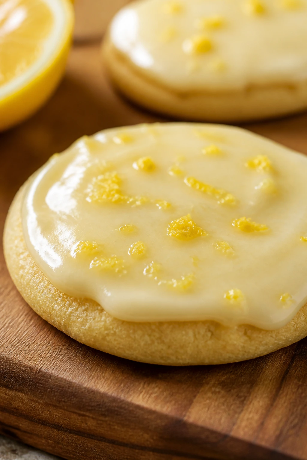 Lemon glazed sugar cookie on wood board