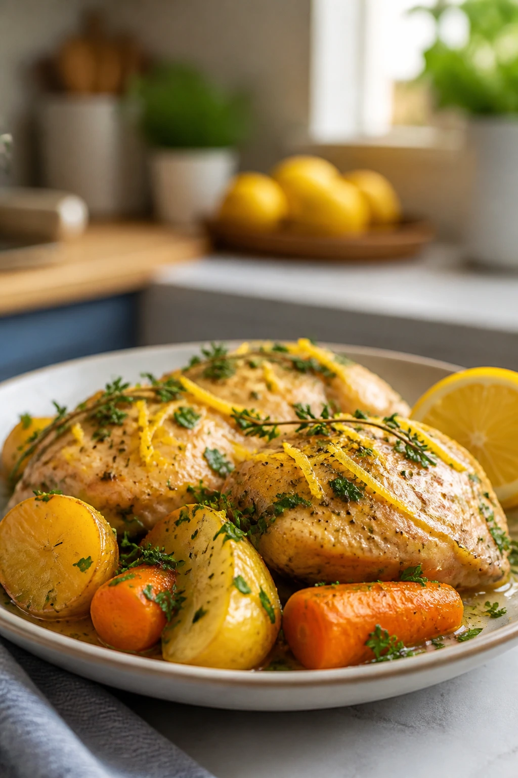 Plated lemon-herb chicken dinner with lemon zest garnish