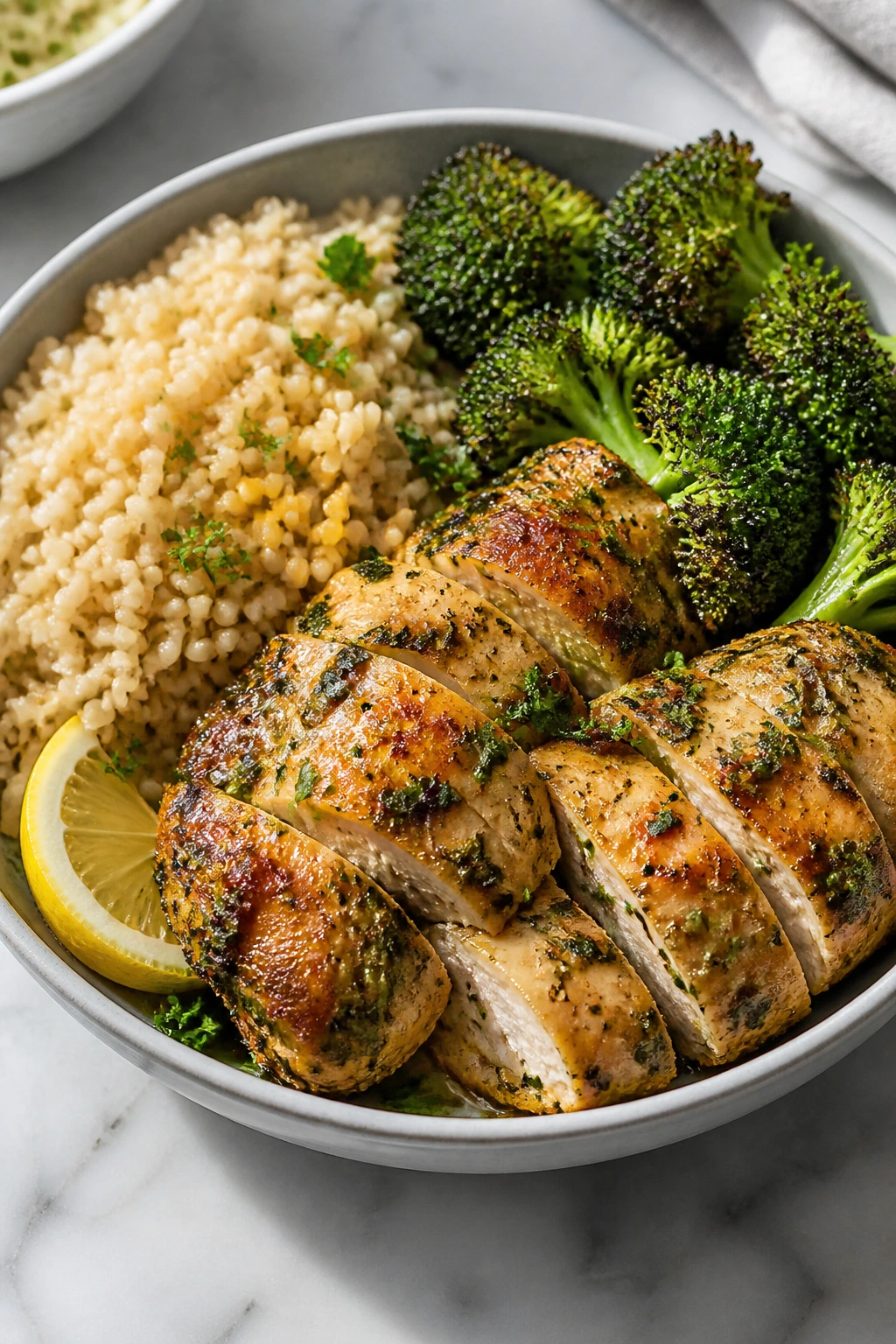 Close-up of a Lemon-Herb Chicken and Brown Rice Bowl in a bright kitchen.