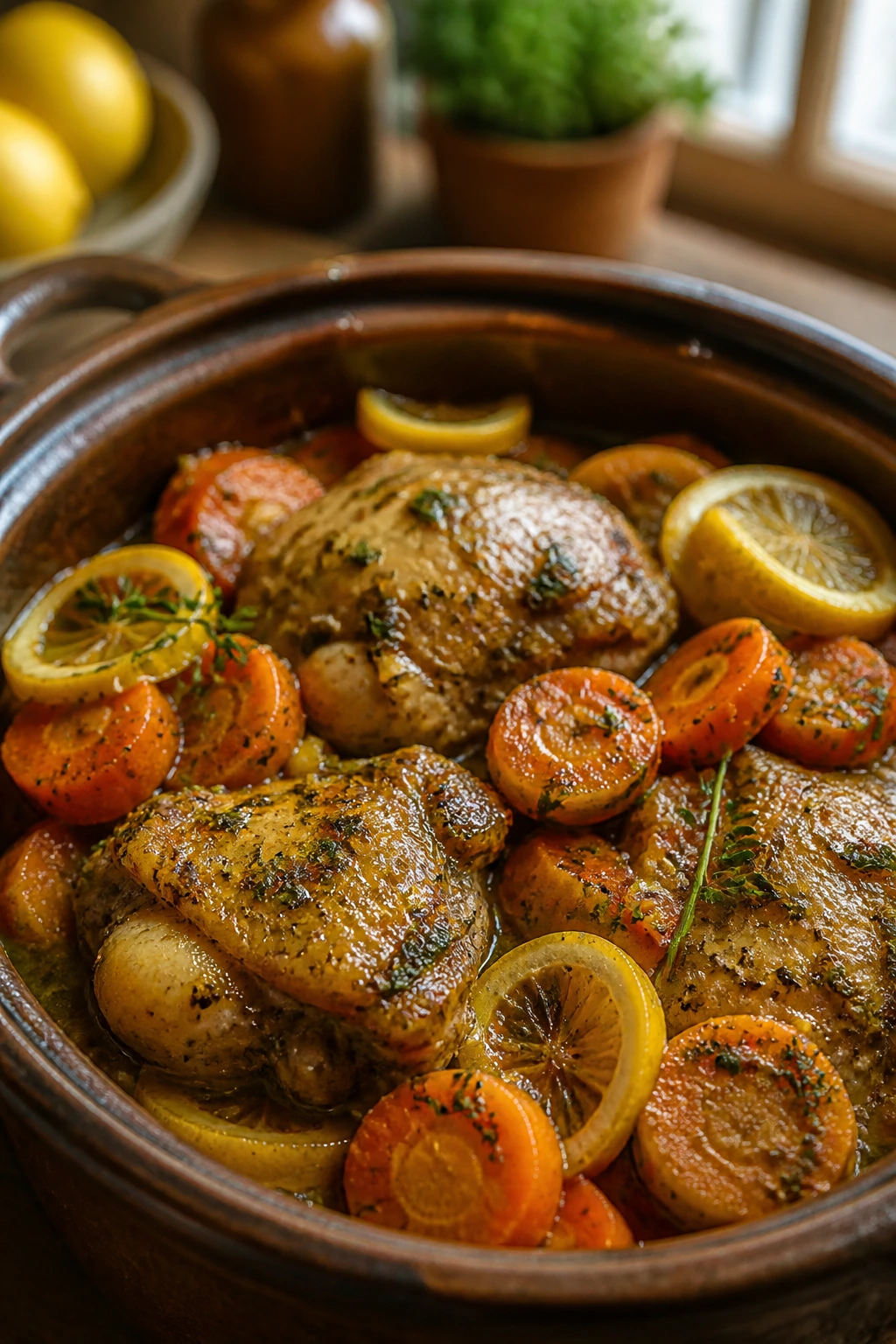 Lemon herb chicken with carrots in rustic pot