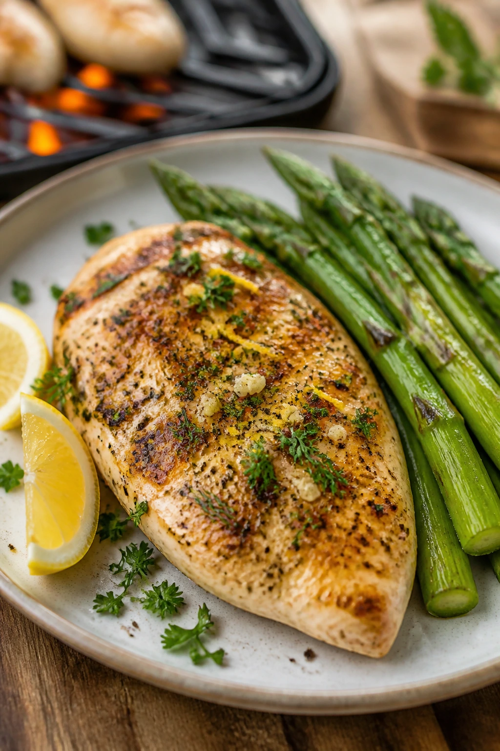 Plate of lemon-herb chicken with fresh herbs and asparagus