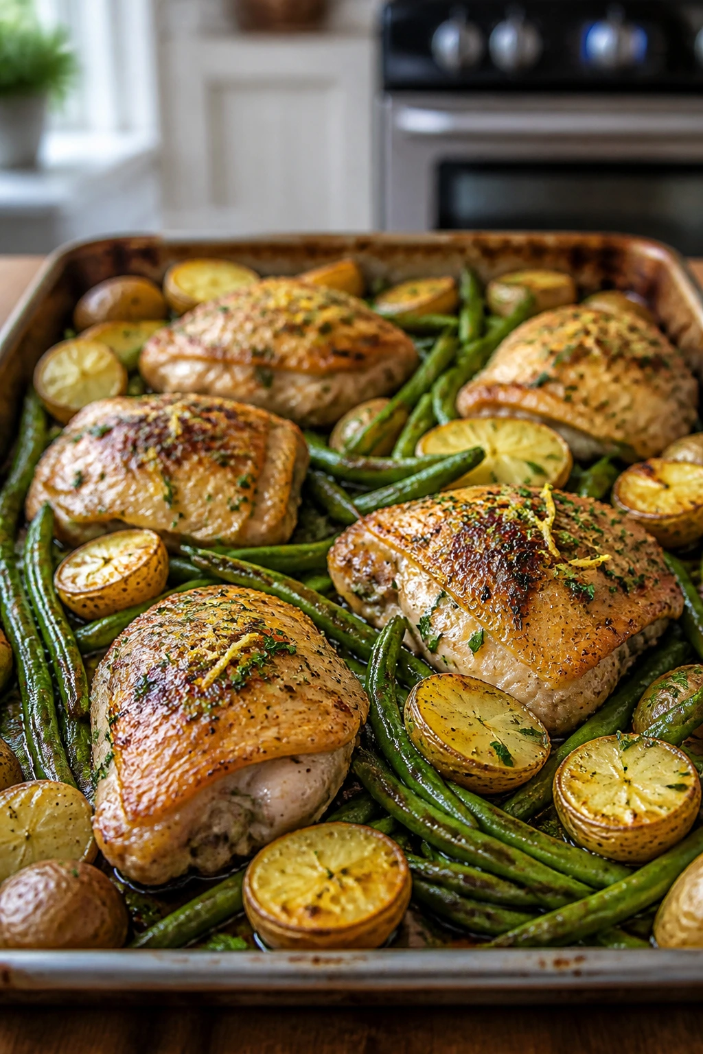Sheet-pan lemon herb chicken with green beans and potatoes