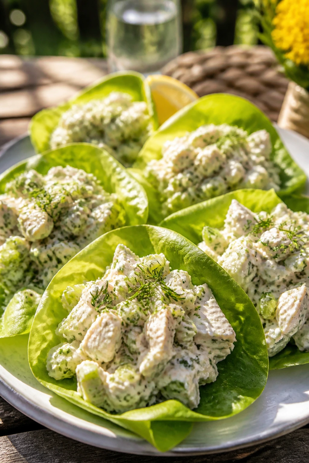 Close-up of Lemon Herb Chicken Salad Lettuce Cups on a picnic platter