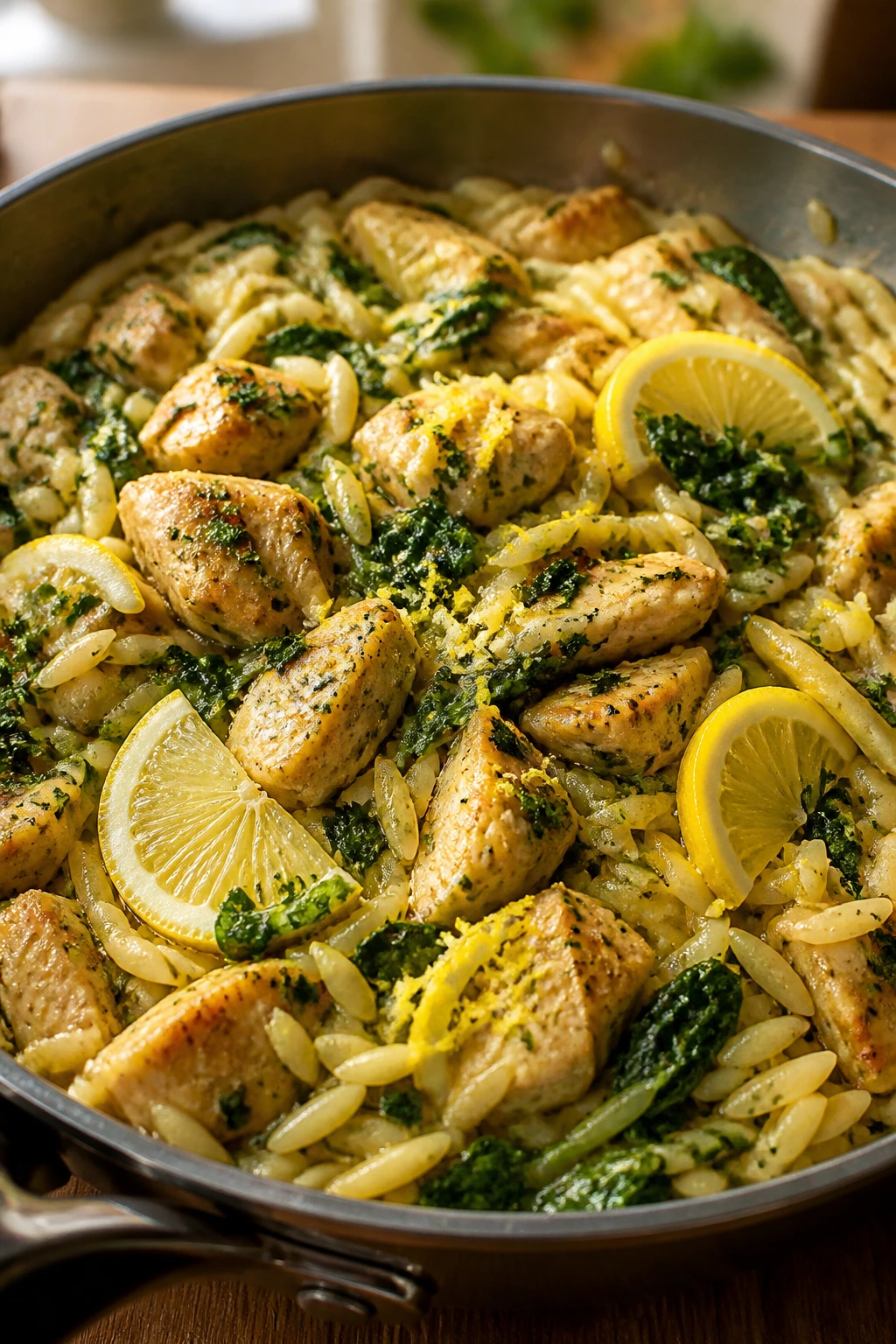 Chicken orzo skillet with lemon and spinach in cozy kitchen