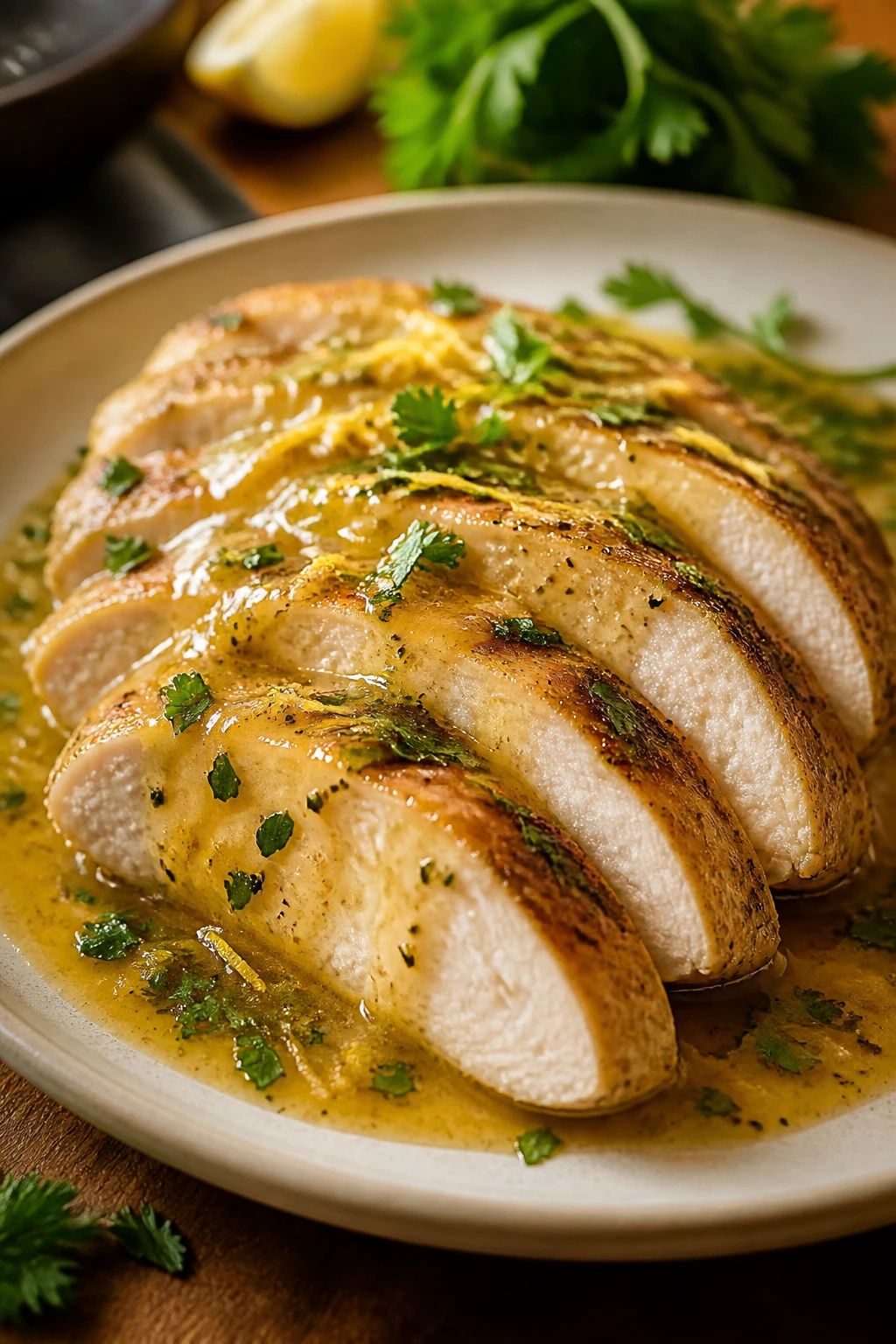 Sliced chicken with lemon-herb sauce on plate