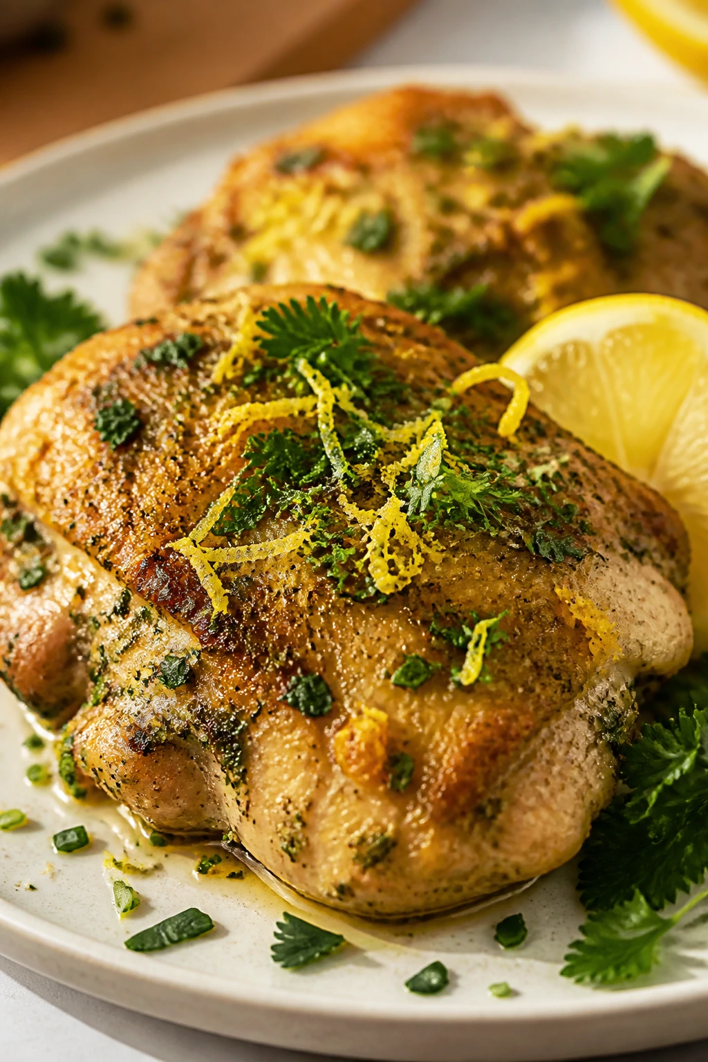 Parmesan chicken thigh with lemon zest and herbs on a plate