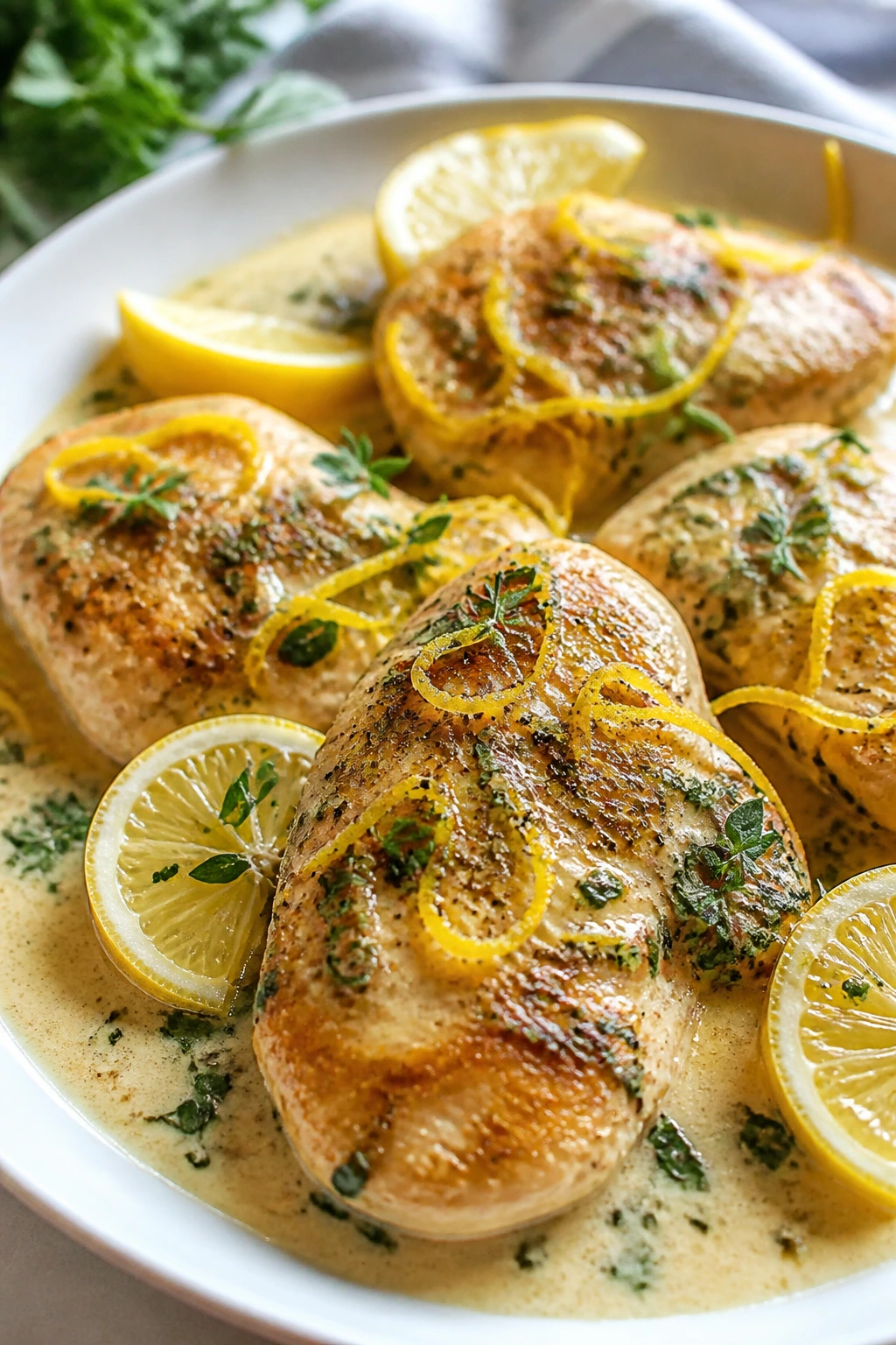 Bright lemon-herb chicken plated with lemon zest and herbs
