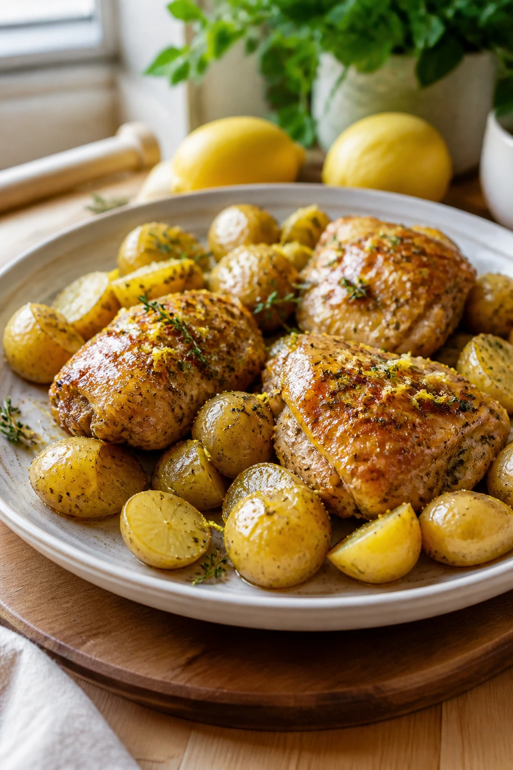 Lemon herb chicken and baby potatoes on a sunny kitchen counter