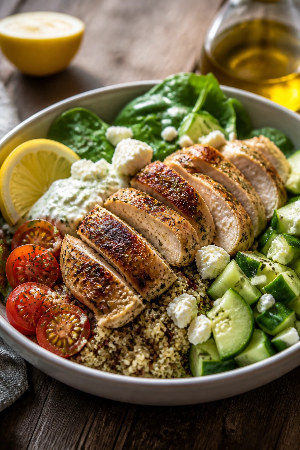 Close-up of Lemon-Herb Chicken Quinoa Bowl with tomatoes, cucumber and feta