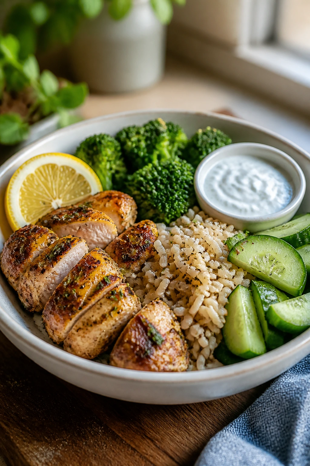 Lemon herb chicken rice bowl with vegetables in a kitchen
