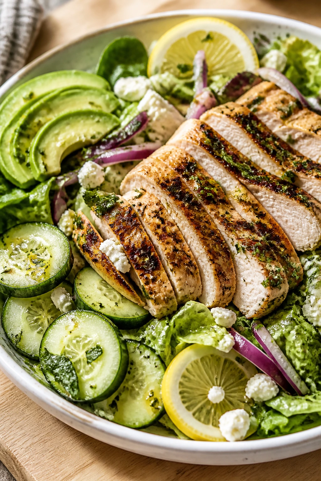 Close-up of Lemon Herb Grilled Chicken Salad with greens cucumber avocado feta