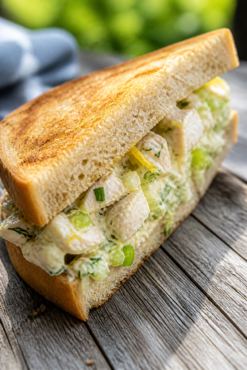 Close-up of a lemon-herb chicken salad sandwich on toasted bread
