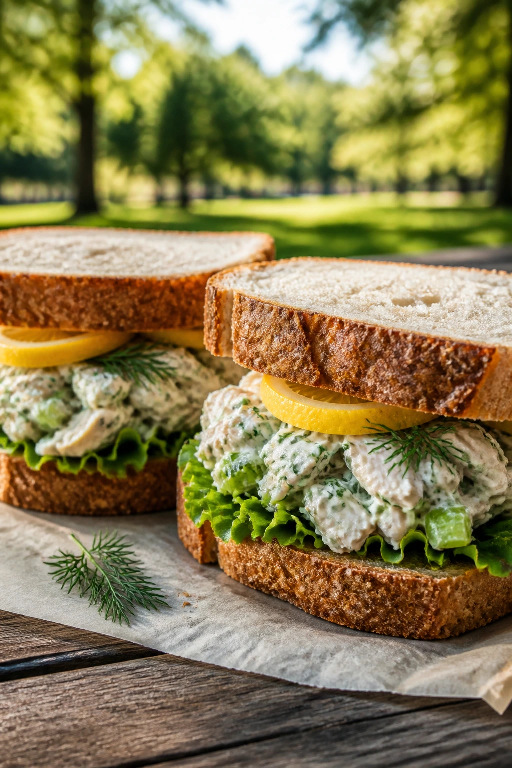 Close-up of lemon-herb chicken salad sandwiches on parchment