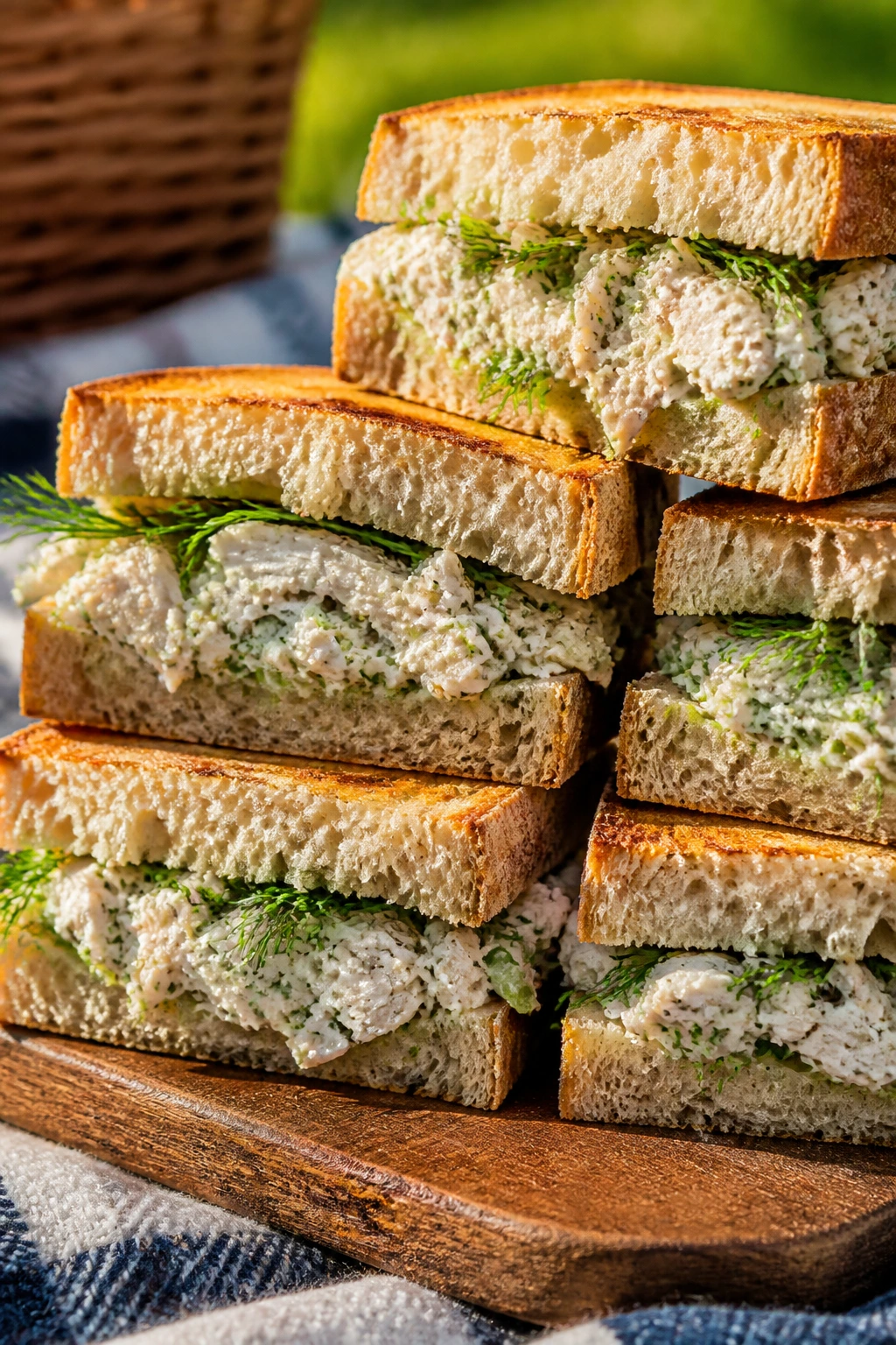 Close-up of lemon-herb chicken salad sandwiches on a wooden board