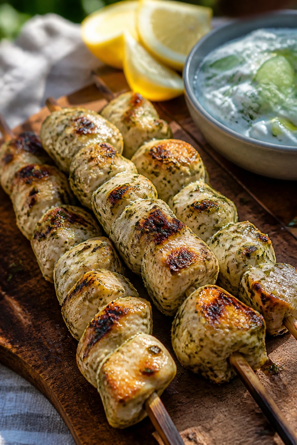 Close-up of lemon-herb chicken skewers with cucumber yogurt sauce on a wooden board outdoors