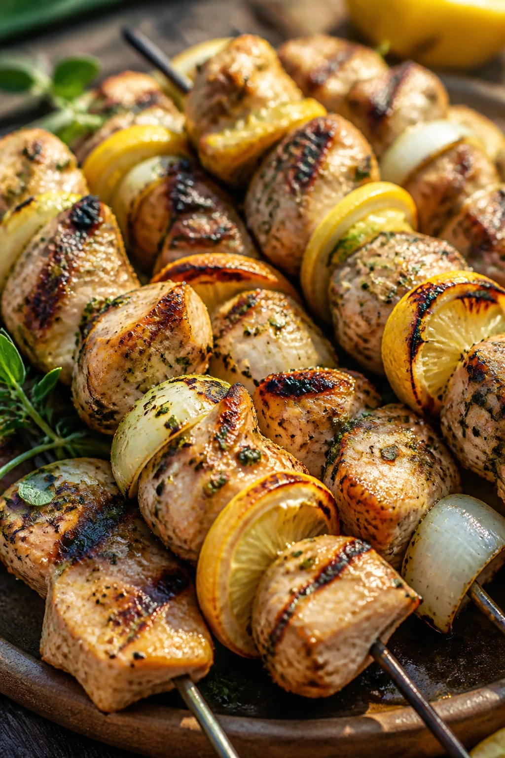 Close-up of lemon-herb grilled chicken skewers with lemon and onion on a rustic table