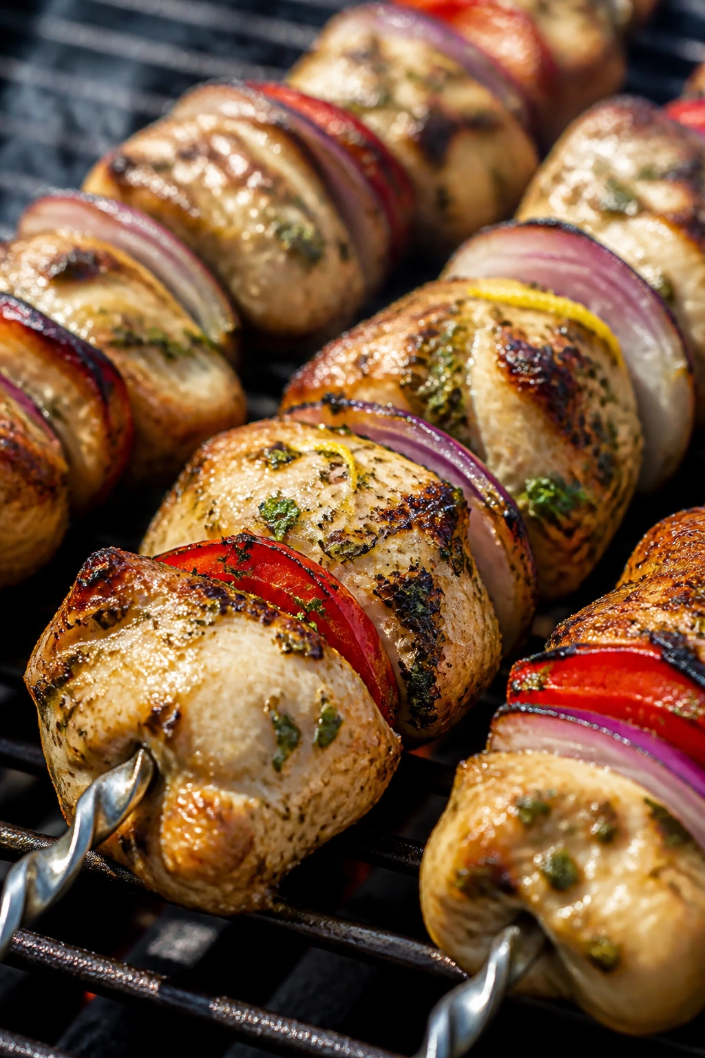 Close-up of lemon-herb chicken skewers with peppers on a grill.