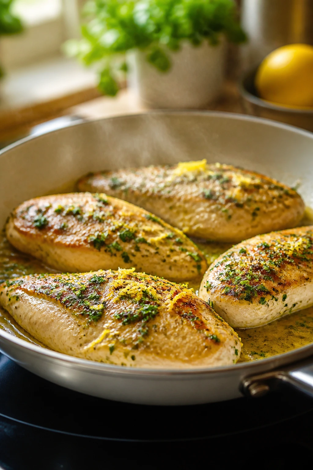 Lemon-herb chicken variation in a skillet with lemon zest