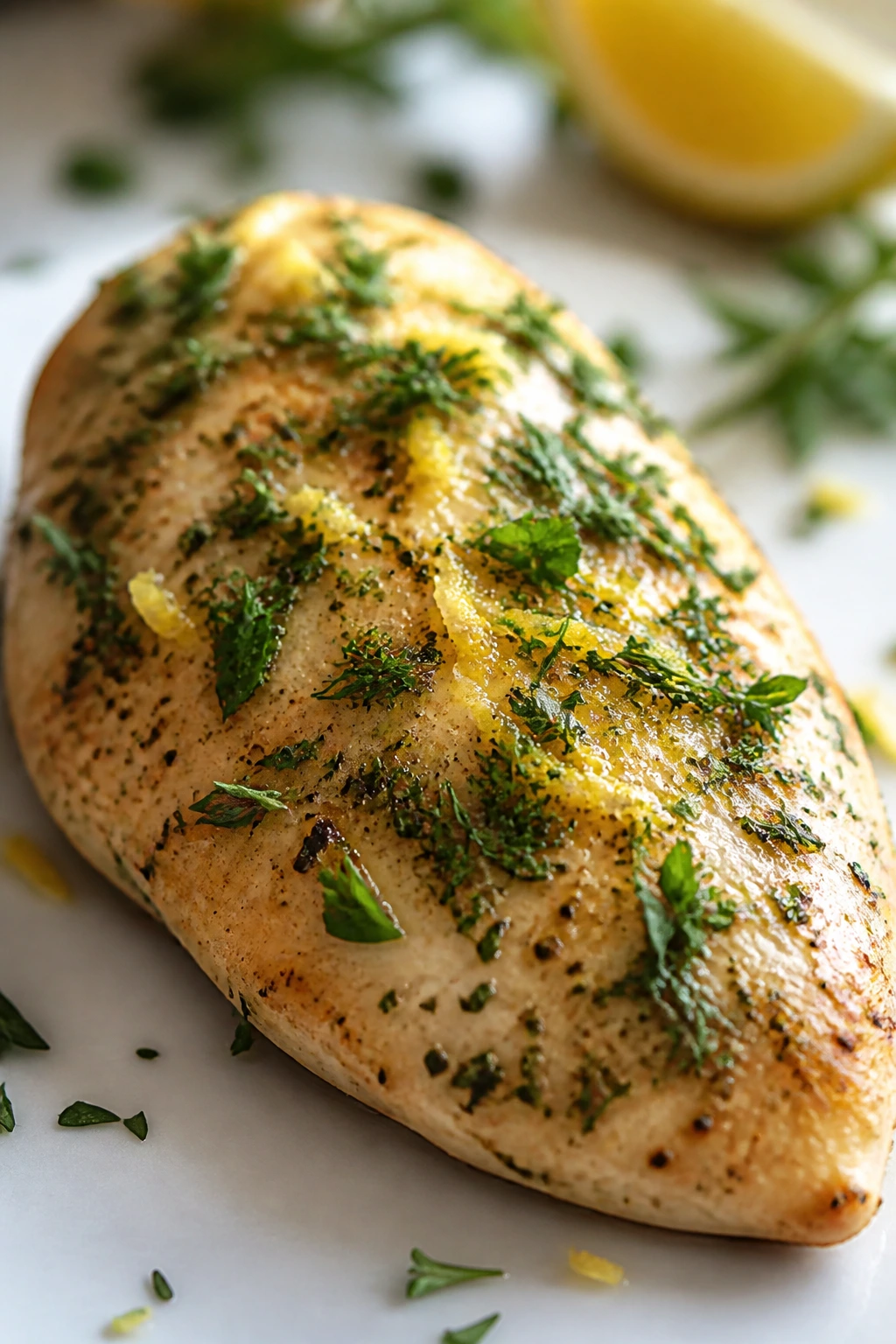 Herbed lemon chicken breast close-up with visible herbs.
