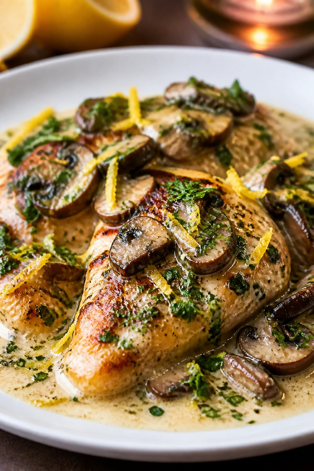 Lemon-herb chicken with zest and mushrooms on plate