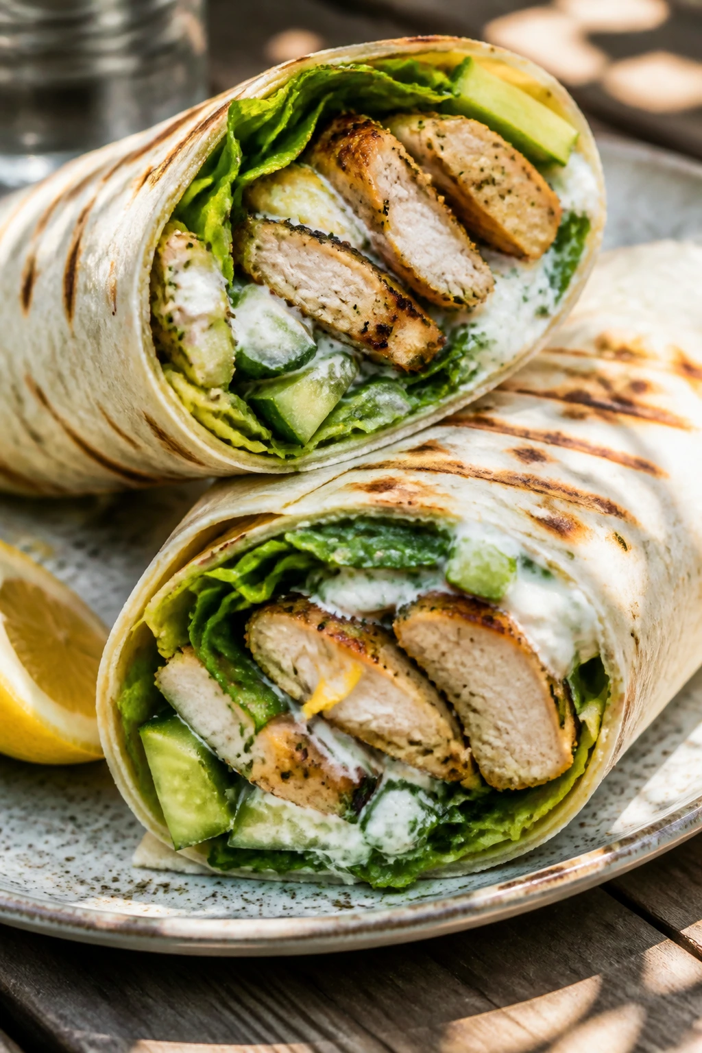 Close-up of a lemon-herb grilled chicken wrap showing inside ingredients