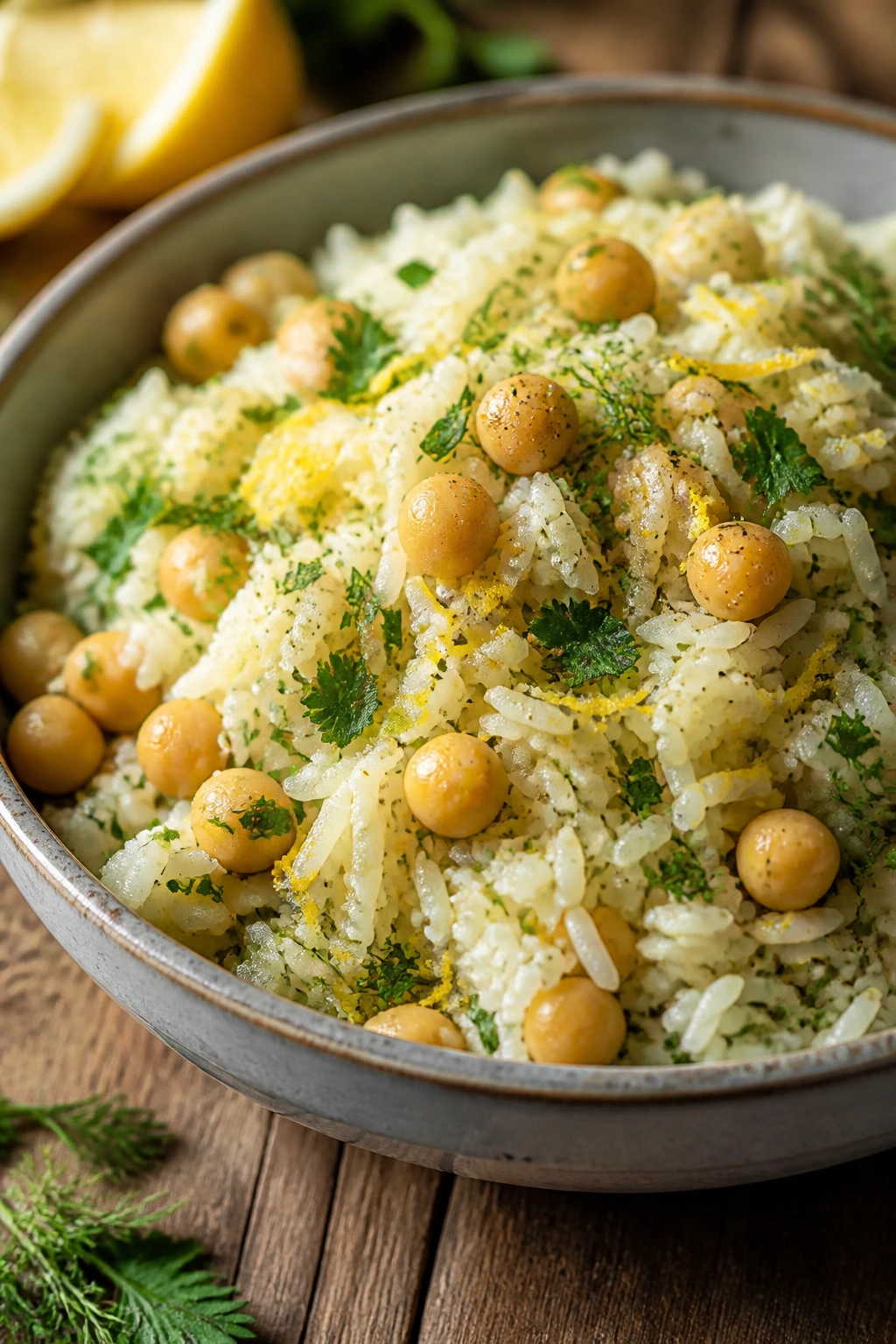 Close-up of fluffy lemon-herb rice with chickpeas in a rustic bowl