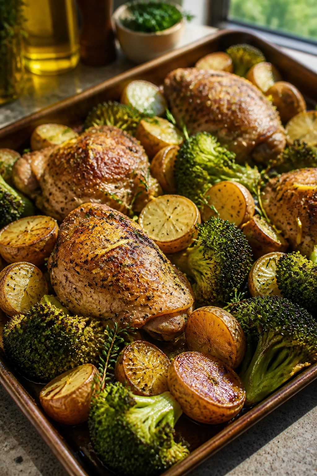 Close-up of Lemon-Herb Tray Dinner with chicken thighs broccoli and potatoes on a sheet pan