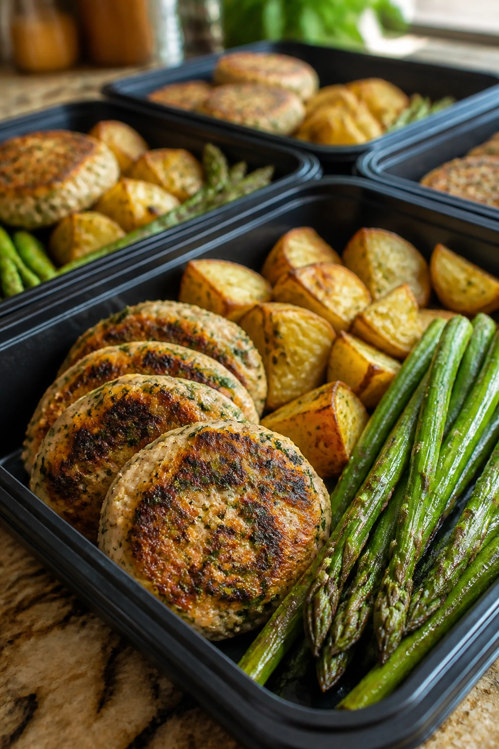 Close-up of lemon-herb turkey burger meal prep box with potatoes and asparagus