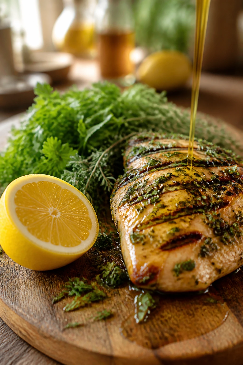 Close-up of lemon, herbs, and olive oil over grilled chicken on a wooden board