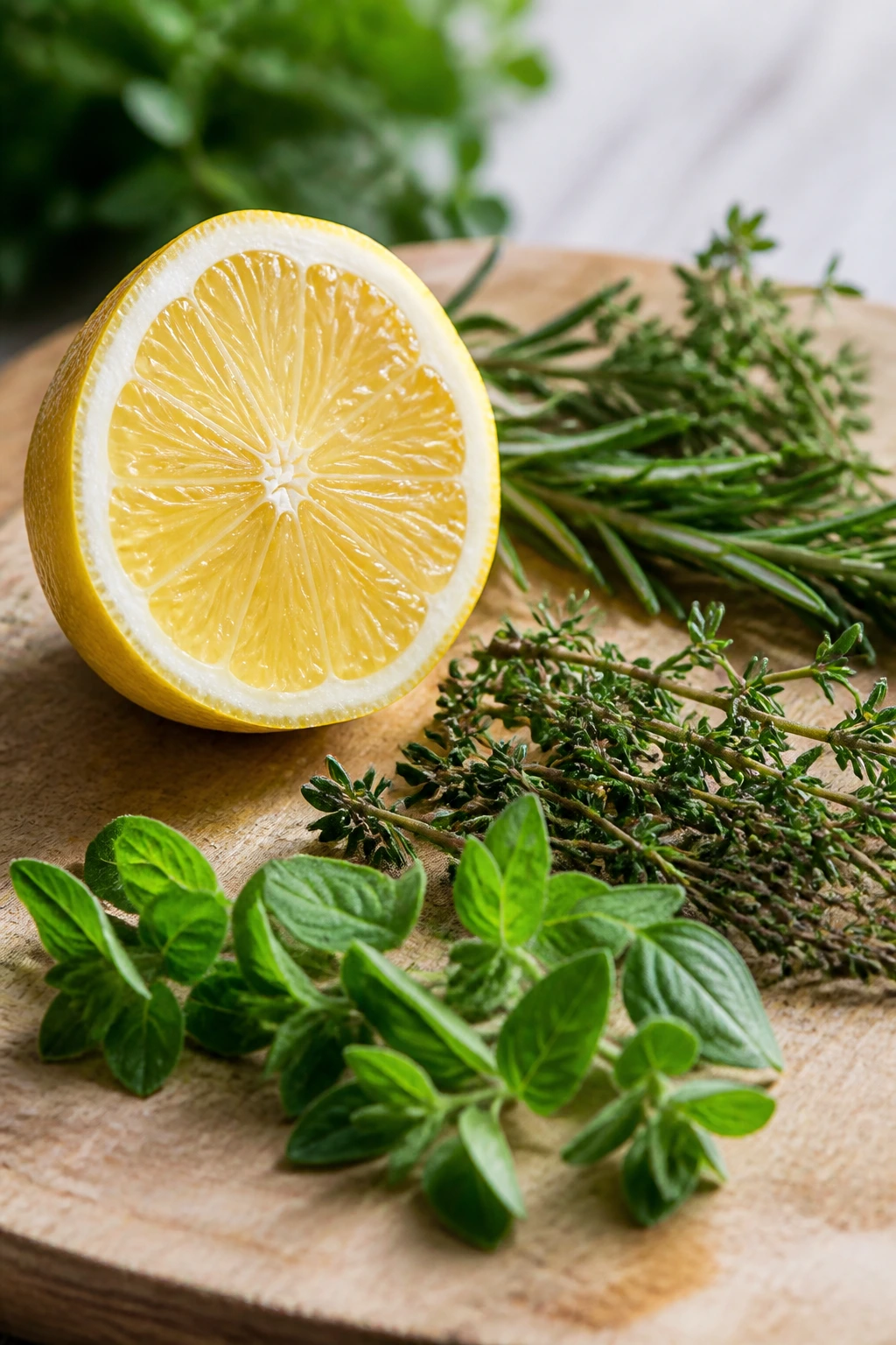Macro shot of lemon half with zest and fresh herbs on a wooden board